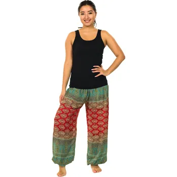 Dámské kalhoty Himalife Kalhoty Paisley - tyrkysové s červenou Velikost: L/XL - Móda pro plnoštíhlé, Oblečení nadměrné velikosti