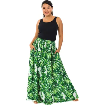 Dámská sukně Himalife Maxi sukně s kapsami Monstera - zelená s bílou Velikost: XXL/3XL - Móda pro plnoštíhlé, Oblečení nadměrné velikosti