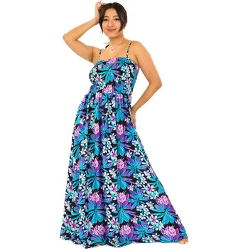 Dámské šaty Himalife Dlouhé šaty s kapsami Plumérie - tyrkysová s fialovou Velikost: XXL/3XL - Móda pro plnoštíhlé, Oblečení nadměrné velikosti