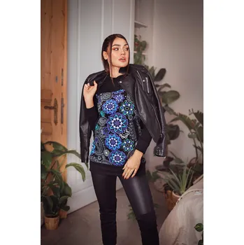 Dámská mikina Himalife Mikina s maxi kapucí Lula - černá s tyrkysovou a fialovou Velikost: 3XL - Móda pro plnoštíhlé, Oblečení nadměrné velikosti