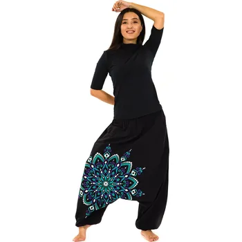 Dámské kalhoty Himalife Harémové kalhoty Rania - černá s tyrkysovou a fialovou Velikost: L/XL - Móda pro plnoštíhlé, Oblečení nadměrné velikosti