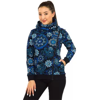Dámská mikina Himalife Hřejivá mikina na zip s maxi límcem Tonga - černá s tyrkysovou a modrou Velikost: 3XL - Móda pro plnoštíhlé, Oblečení nadměrné velikosti