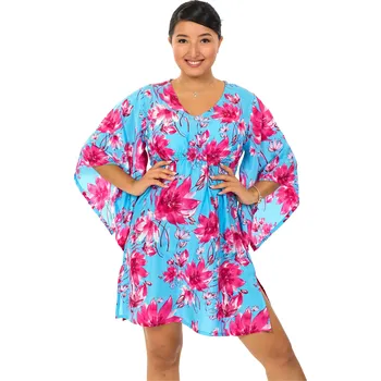 Dámské šaty Himalife Šaty s maxi rukávy Kora - tyrkysová s růžovou Velikost: 4XL - Móda pro plnoštíhlé, Oblečení nadměrné velikosti