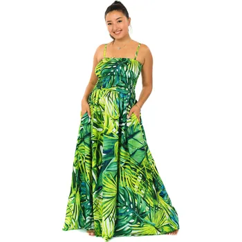 Dámské šaty Himalife Dlouhé šaty s kapsami Yena - bílá se zelenou Velikost: XXL/3XL - Móda pro plnoštíhlé, Oblečení nadměrné velikosti