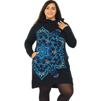 Dámská mikina Himalife Šatomikina s maxi kapucí Subira - černá s modrou Velikost: XXL - Móda pro plnoštíhlé, Oblečení nadměrné velikosti