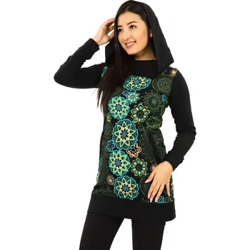 Dámská mikina Himalife Mikina s maxi kapucí Lula - černá s tyrkysovou a zelenou Velikost: XXL - Móda pro plnoštíhlé, Oblečení nadměrné velikosti