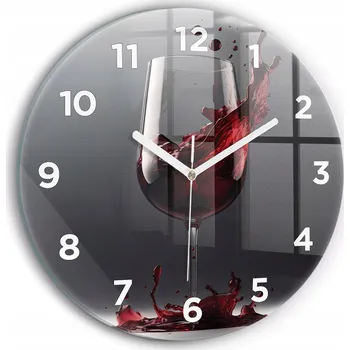 Hodiny Moderní skleněné nástěnné hodiny s potiskem Sklenice červeného vína průměr 30 cm