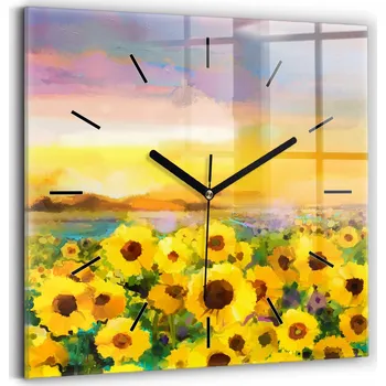 Hodiny Minimalistické Skleněné Nástěnné Hodiny s Motivem Slunečnicového Pole 30x30 cm