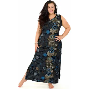 Dámské šaty Himalife Dlouhé šaty s kapucí Lahaina - béžové s modrou Velikost: 3XL - Móda pro plnoštíhlé, Oblečení nadměrné velikosti