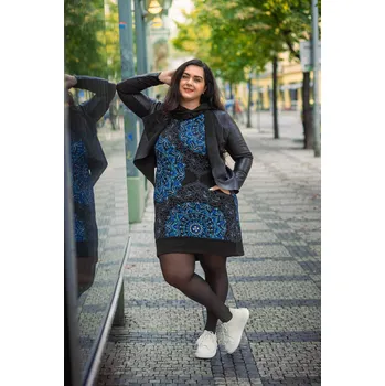 Dámská mikina Himalife Šatomikina s maxi kapucí Sundari - černá s modrou Velikost: 4XL - Móda pro plnoštíhlé, Oblečení nadměrné velikosti