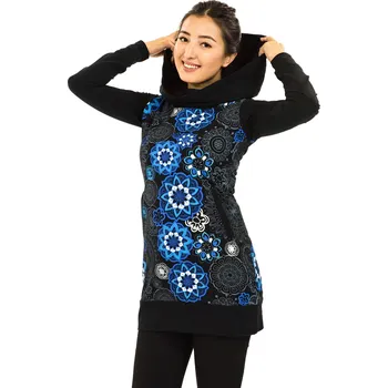 Dámská mikina Himalife Mikina s maxi kapucí Lula - černá s modrou Velikost: 4XL - Móda pro plnoštíhlé, Oblečení nadměrné velikosti