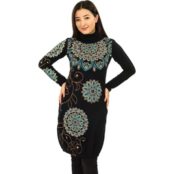 Dámská mikina Himalife Balonová šatomikina s rolákem Zaira - černá s tyrkysovou a zlatou Velikost: 3XL - Móda pro plnoštíhlé, Oblečení nadměrné velikosti