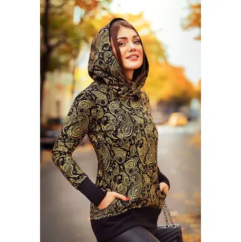 Dámská mikina Himalife Mikina s maxi kapucí Paisley - černá s metalickou zlatou Velikost: 3XL - Móda pro plnoštíhlé, Oblečení nadměrné velikosti