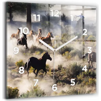 Hodiny Nástěnné čtvercové skleněné hodiny do kanceláře - Stádo cválajících koní 30x30 cm