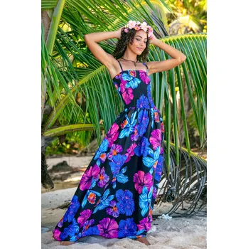 Dámské šaty Himalife Dlouhé šaty s kapsami Ibišek - černá s modrou Velikost: L/XL - Móda pro plnoštíhlé, Oblečení nadměrné velikosti