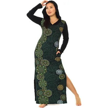 Dámské šaty Himalife Dlouhé šaty s kapucí Priya - černá s limetkovou Velikost: XXL - Móda pro plnoštíhlé, Oblečení nadměrné velikosti