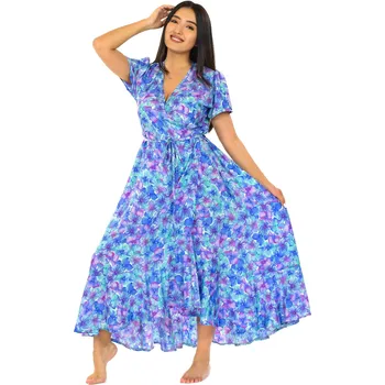 Dámské šaty Himalife Zavinovací šaty s volány Rotuma - tyrkysová s fialovou Velikost: M