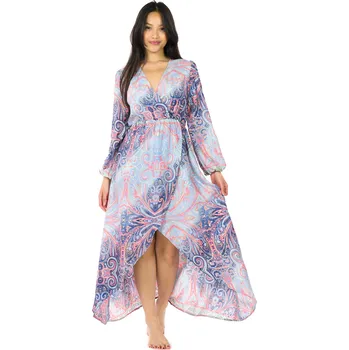 Dámské šaty Himalife Šaty s dlouhým rukávem Paisley - světle modrá s růžovou Velikost: 3XL - Móda pro plnoštíhlé, Oblečení nadměrné velikosti