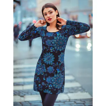 Dámské šaty Himalife Šaty s dlouhým rukávem Moya - černá s tyrkysovou Velikost: 3XL - Móda pro plnoštíhlé, Oblečení nadměrné velikosti