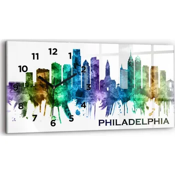 Hodiny Skleněné moderní nástěnné hodiny s potiskem 60x30 cm Barevná Philadelphia