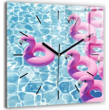 Hodiny Čtvercové skleněné nástěnné hodiny do kanceláře Pampelišky plameňáci 60 x 60 cm