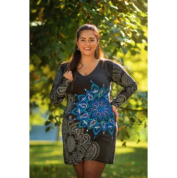 Dámské šaty Himalife Šaty s dlouhým rukávem Angama - černá s modrou Velikost: 3XL - Móda pro plnoštíhlé, Oblečení nadměrné velikosti