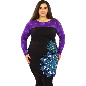 Dámské šaty Himalife Balonové šaty s dlouhým rukávem Aruba - černá s fialovou Velikost: 3XL - Móda pro plnoštíhlé, Oblečení nadměrné velikosti