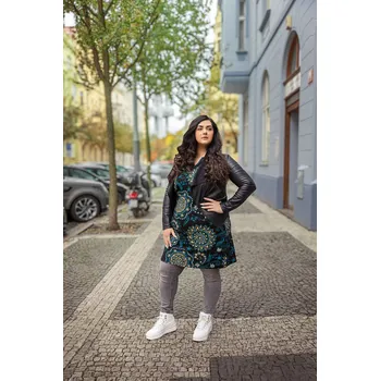 Dámské šaty Himalife Šaty s dlouhým rukávem Kabita - černá s tyrkysovou a béžovou Velikost: 4XL - Móda pro plnoštíhlé, Oblečení nadměrné velikosti