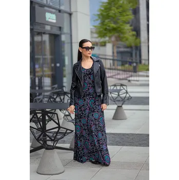 Dámské šaty Himalife Dlouhé šaty Akira - černá s fialovou a tyrkysovou Velikost: 3XL - Móda pro plnoštíhlé, Oblečení nadměrné velikosti