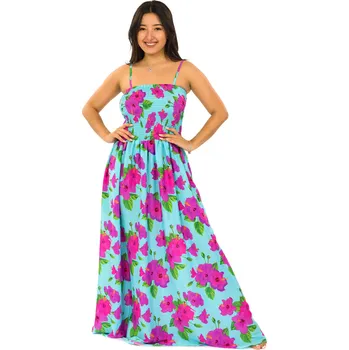 Dámské šaty Himalife Dlouhé šaty s kapsami Ibišek - tyrkysová s růžovou Velikost: S/M