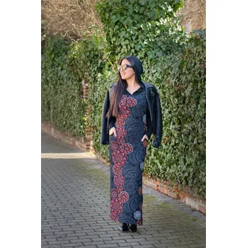 Dámské šaty Himalife Dlouhé šaty s kapucí Priya - černá s červenou Velikost: XXL - Móda pro plnoštíhlé, Oblečení nadměrné velikosti