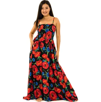 Dámské šaty Himalife Dlouhé šaty s kapsami Vlčí mák - černá s červenou Velikost: S/M