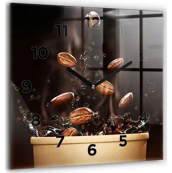 Hodiny Čtvercové Skleněné Nástěnné Hodiny se Stylovým Potiskem Horká káva 60x60 cm
