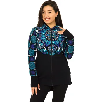 Dámská mikina Himalife Prodloužená mikina na zip s kapucí Kiana - černá s tyrkysovou Velikost: XXL - Móda pro plnoštíhlé, Oblečení nadměrné velikosti