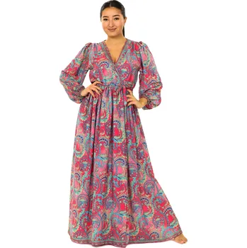 Dámské šaty Himalife Zavinovací šaty s dlouhým rukávem Paisley - růžová s červenou Velikost: XXL/3XL - Móda pro plnoštíhlé, Oblečení nadměrné velikosti