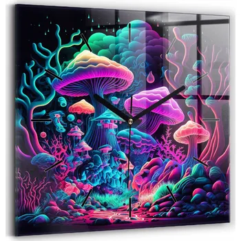 Hodiny Čtvercové Skleněné Nástěnné Hodiny do Kanceláře s Neonovým Vzorem Houby 30x30 cm