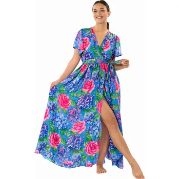 Dámské šaty Himalife Dlouhé zavinovací šaty Tiara - modrá s růžovou Velikost: 4XL/5XL - Móda pro plnoštíhlé, Oblečení nadměrné velikosti