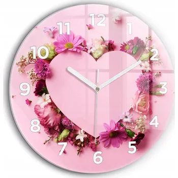 Hodiny Kulatý Skleněné Nástěnné Hodiny do Obýváku s Grafikou Srdce z květin fi60 cm