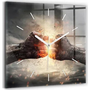 Hodiny Skleněné hodiny s motivem na zeď Tiché ručičky Obývák Pěst Síla Moc 30x30