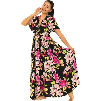 Dámské šaty Himalife Dlouhé zavinovací šaty Lilie - černá s růžovou Velikost: XXL/3XL - Móda pro plnoštíhlé, Oblečení nadměrné velikosti