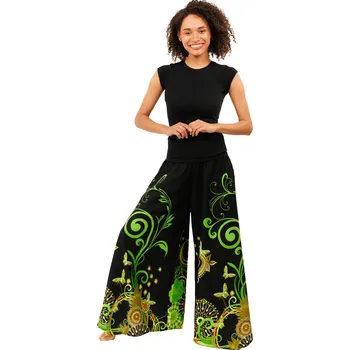 Dámské kalhoty Himalife Široké kalhoty Suwa - černá s limetkou Velikost: 4XL/5XL - Móda pro plnoštíhlé, Oblečení nadměrné velikosti