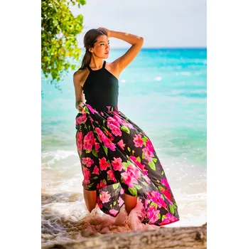 Dámská sukně Himalife Maxi sukně s kapsami Ibišek - černá s růžovou Velikost: XXL/3XL - Móda pro plnoštíhlé, Oblečení nadměrné velikosti