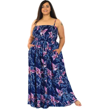Dámské šaty Himalife Dlouhé šaty s kapsami Osaka - tmavě modré s růžovou Velikost: XXL/3XL - Móda pro plnoštíhlé, Oblečení nadměrné velikosti