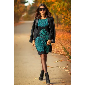 Dámské šaty Himalife Šaty s dlouhým rukávem Taila - černá s tyrkysovou Velikost: 4XL - Móda pro plnoštíhlé, Oblečení nadměrné velikosti