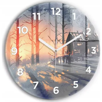 Hodiny Skleněné nástěnné hodiny do moderního interiéru Zimní krajina stromů průměr 30 cm