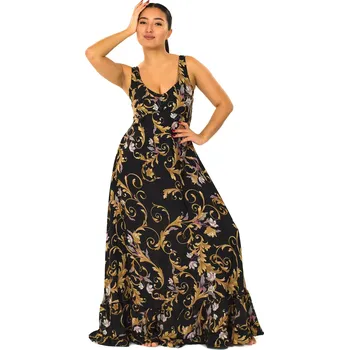 Dámské šaty Himalife Dlouhé šaty s volány Zahara - černé s růžovou a zlatou Velikost: L/XL - Móda pro plnoštíhlé, Oblečení nadměrné velikosti