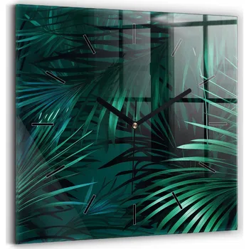 Hodiny Čtvercové Skleněné Hodiny Minimalistické Nástěnné Tropické listy 30x30 cm