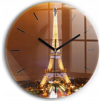 Hodiny Skleněné moderní Kulatý hodiny na zeď s osvětlenou Eiffelovou věží, průměr 60 cm