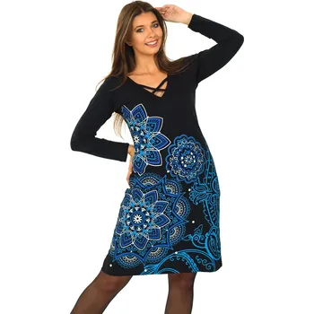 Dámské šaty Himalife Šaty s dlouhým rukávem Zara - černá s modrou Velikost: 3XL - Móda pro plnoštíhlé, Oblečení nadměrné velikosti