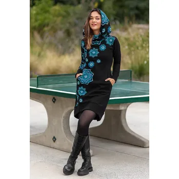 Dámská mikina Himalife Šatomikina s maxi kapucí Pokhara - černá s tyrkysovou a fialovou Velikost: XXL - Móda pro plnoštíhlé, Oblečení nadměrné velikosti